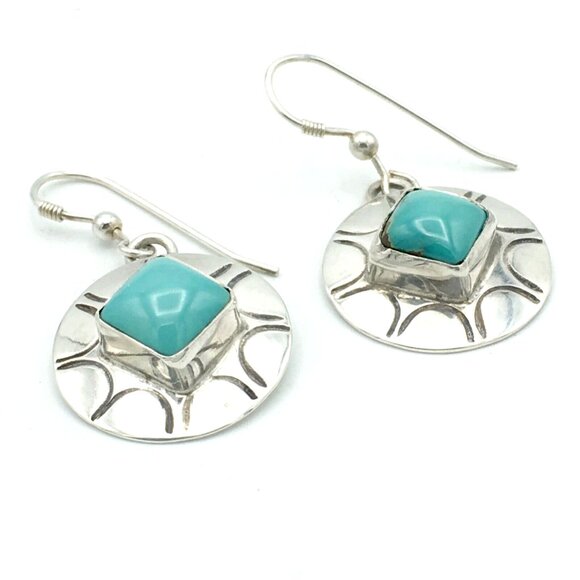 NATIVE AMERICAN turquoise & sterling silver concho earrings - signed HTS drop - Picture 2 of 7